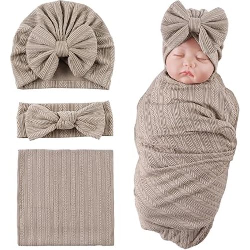 OMUKY Newborn Receiving Blanket Bow Headband and Beanie Set Baby Swaddle Receiving Blankets Baby Boy Girls Nursery Swaddle Wrap(Coffee)