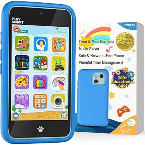 Kids Toy Phones with Dual Camera, Learning Toys Phones Gifts for Kid 3-12 with 200+ Educational Puzzle Games, 4" Touchscreen Rechargeable Blue Child Smartphones with Parental Control