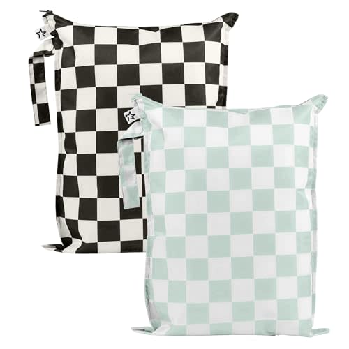 Tiny Twinkle Mess proof Waterproof Wet Dry Bag,2pk Reusable Wet Bags for Swimsuits&Baby Clothes,Leakproof Wet Bag,Waterproof Bag for Travel&Diaper bag,Wet Bags for Baby (Black, Green Checkers)