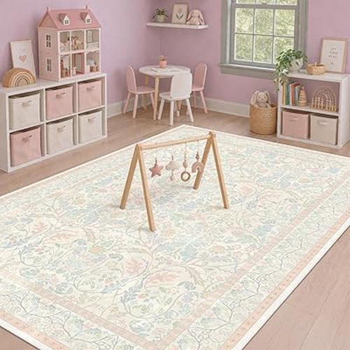 Pink and Blue Rugs for Bedroom Girls 5x8 - Baby Girl Nursery Décor Non Slip, Kids Rugs for Playroom,Carpet for Dorm with Floral & Botanical Design, Cottage Oushak Carpet for Small Living Room