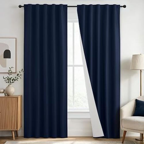 Yakamok 100% Blackout Curtains for Bedroom, Full Room Darkening Curtains 84 Inch Long Thermal Insulated Back Tab/Rod Pocket Window Drapes for Living Room/Kitchen, 2 Panels, Navy Blue