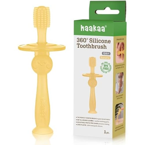 haakaa 360° Silicone Baby Toothbrush – 100% Soft Food Grade Silicone, BPA-Free, Suction Base, Safe for Babies 6 Months+, Gentle Gum and Teeth Cleaning for Infants, Gum Massager (Banana)