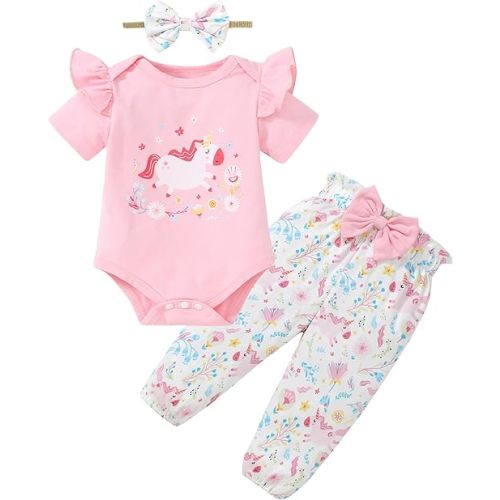 DISAUR Baby Girls Clothes Newborn Infant Baby Girls Outfit Long Sleeve Ruffle Romper Floral Pants Headband Sets 0-18 Months