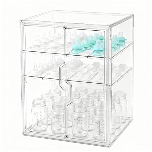 Baby Bottle Organizer, 3-Tier Bottle Storage for Countertop with Double Magnetic Doors, Clear Plastic Bottle Station Organizer with 2 Adjustable Dividers for Kitchen, Bathroom, Cabinet, Vanity