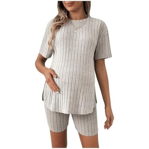 Women's Maternity Pajamas Set 2 Piece Outfits Rib Knit T Shirt and Biker Shorts Lounge Set Sleepwear