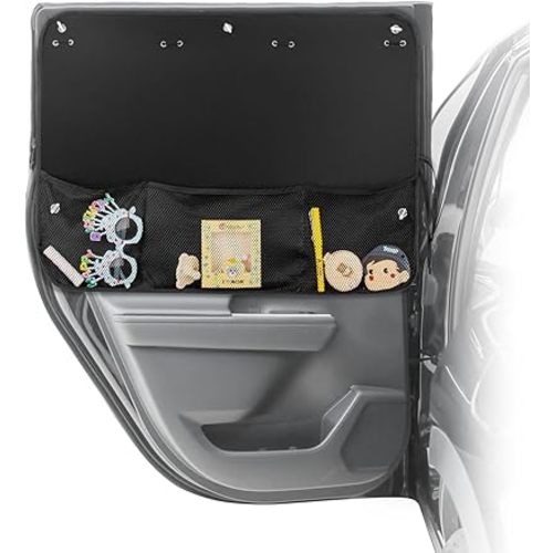 Car Window Shades,2 Pcs Full Cover for Baby with Storage Net Pocket, 7 Suction Cups, Blackout Back Side Window Curtains, Car Camping Accessories