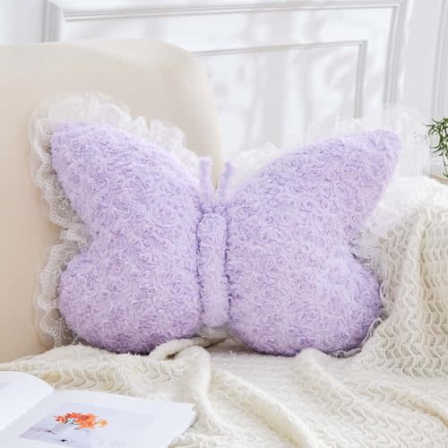 XVTRU Butterfly Pillow Lavender Decorative Pillows 15" Butterfly Shaped Cute Throw Pillows with Lace Aesthetic Bow Plush Cushion for Room Decor Bed Sofa Couch