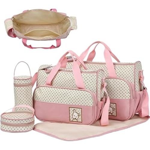 Diaper Bags for Baby Boy 5PCS/Set Water & Dust Proof Multi-functional Diaper Bag with Two Handbags, Bottle Bag, Small Lunch and Mat, Portable Baby for Parents
