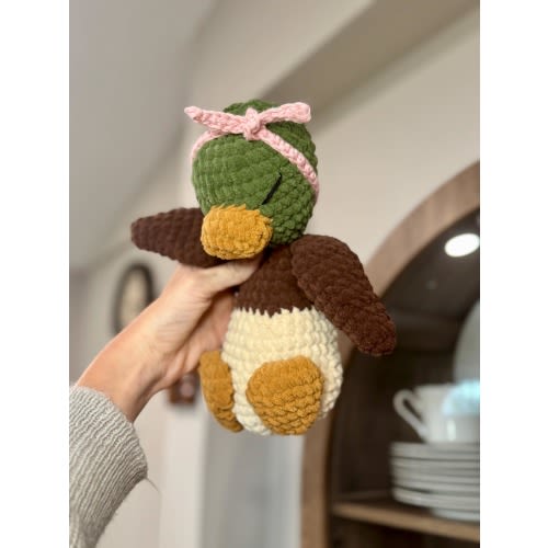Handmade Mallard Duck Plush Toy with Hairbow, Girly Nursery Decor, Baby Shower Present