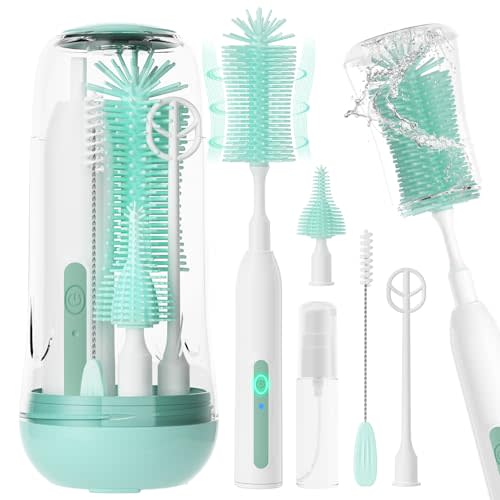 Electric Bottle Brush Cleaner,Rechargeable Baby Bottle Cleaning kit with Formula Mixer, Silicone Nipple&Straw Brush, Soap Dispenser, Drying Rack-IPX7 Waterproof,Long Battery Life for Home & Travel