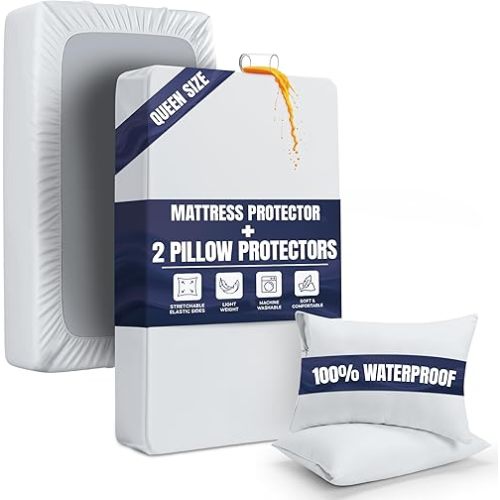 Waterproof Mattress Protector and Pillow Cases, Queen Size, Includes +2 Zippered Pillow Protectors and 1 Mattress Cover Set, Fitted Sheet Style Deep Pockets with All Around Elastic