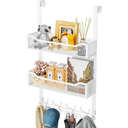 Over The Door Hook with 16 Hooks & 2 Mesh Baskets - Heavy Duty Over The Door Organizer Hanger for Towels, Coats, Clothes - Space Saving Hanging Rack for Bathroom, Living Room, White