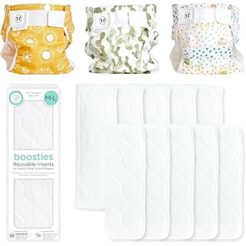 Honest Hybrid Cloth Diaper Cover + Super Boosties Reusable Inserts, Large (22-40 lbs), Cotton Muslin Honest Covers Feature Pocket-Sling, 3 Pack, Boosties Inserts 10 Count