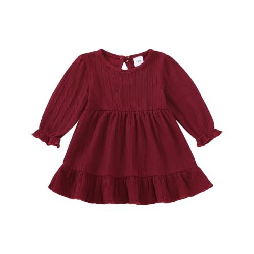 Mioglrie Baby Girl Dress Infant Fall Winter Outfit Long Sleeve Knit Dresses | Lantern sleeves,Knitted Smocked Design,Cuff Elastic,Fall Winter Ruffle Solid Outfits,Cute Dresses, Toddler Baby Girl Clothes