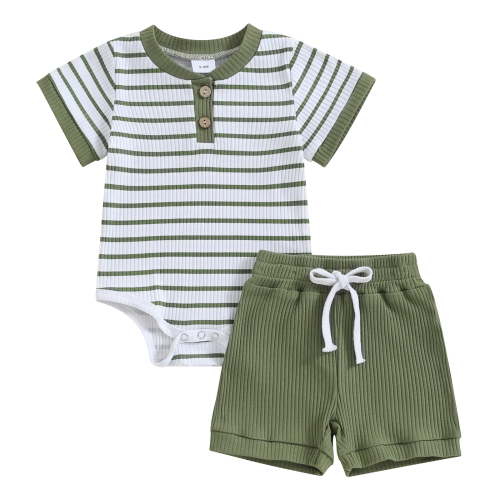 Hirigin Newborn Baby Boy Girl Clothes Set Ribbed Short Sleeve Striped Romper Top and Shorts 3 6 9 12 18 Months Casual Summer Outfits