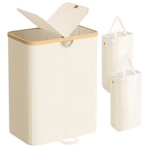 Laundry Hamper with 2 Lids, 39 Gal Dual Compartment Basket with Removable Liners, for Laundry Room Bedroom Living Room, Cream White & Bamboo