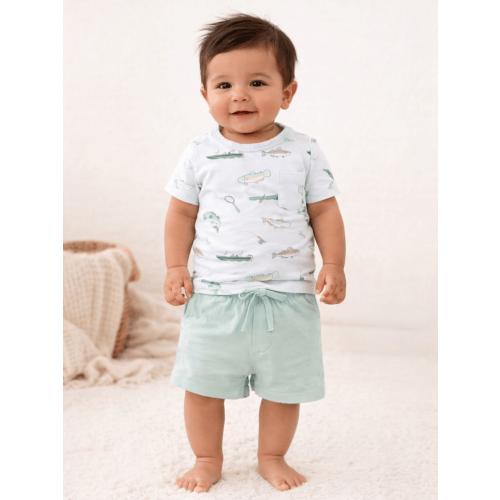 Crew Neck Tee & Casual Short Set, Fishing