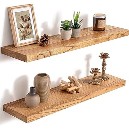 30 Inch Floating Shelves for Wall, 8"D High End Solid Hardwood Shelves for Decor Storage, Rustic Wall Shelves with Invisible Heavy Duty Brackets for Living Room, Kitchen, Bathroom, Natural, 2 Pack