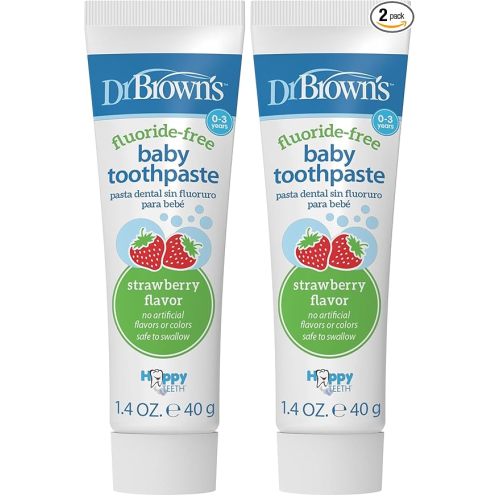 Dr. Brown's Fluoride-Free Baby Toothpaste, Infant and Toddler Oral Care, 1.4oz/40g, 0-3 Years, Strawberry, 2-Pack