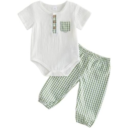 Amiblvowa 0 3 6 12 18 Months Baby Boy Summer Clothes Basic Romper Plaid Pant Set Newborn Infant Going Coming Home Outfits