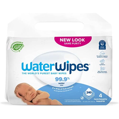 WaterWipes Biodegradable Original Baby Wipes, 99.9% Water Based Wipes, Unscented & Hypoallergenic for Sensitive Skin, 240 Count (4 packs), Packaging May Vary - 60 Count (Pack of 4)