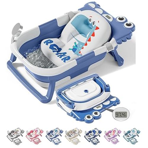 TPN Collapsible Baby Bathtub, Baby Bath Tub with Soft Cushion & Real-Time Thermometer, Baby Bathtub Infant to Toddler Tub (0-36 Months), Portable Travel Baby Tubs for Newborns (Blue)