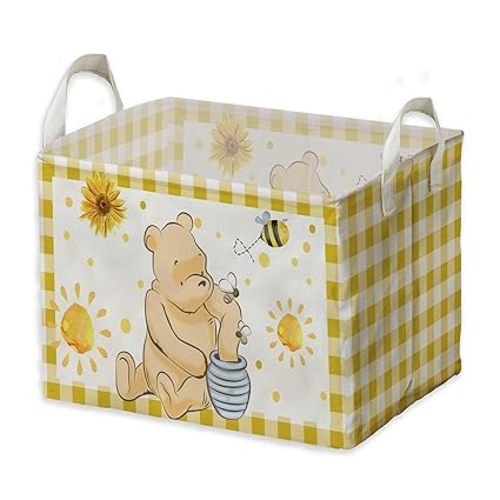 Winnie Nursery Decor, the Pooh Baby Stuff, Winnie Storage Nursery Basket, Large squarecanvas Laundry Hamper With A Waterproof PECoating, Foldable, Toys Bin, Baby Nursery HamperDecor, Yellow