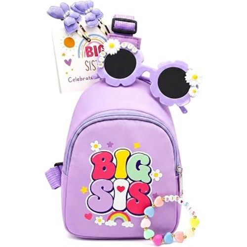 Big Sister Gift for Girls - Crossbody Purse Bag, Bracelet, Sunglasses, Butterfly Hair Clips - Road Trip & Family Travel Essentials - Sibling Announcement - Purple 4PCS