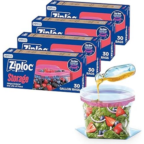 Ziploc Gallon Food Storage Bags, 120ct Total, Stand-Up Bottom, Easy to Fill, 30 Count (Pack of 4)