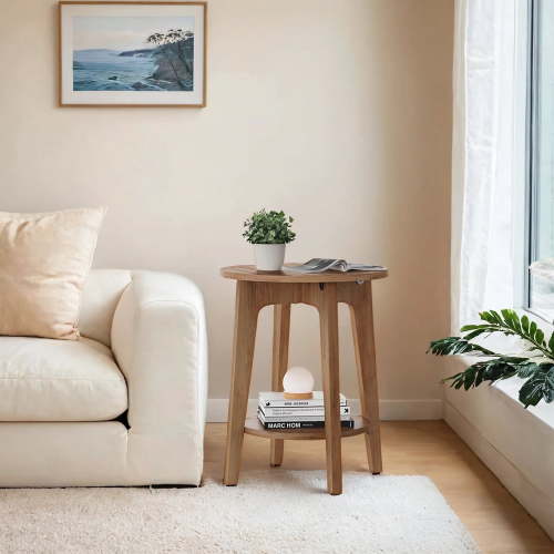 LEDREM Round 2-Tier Side Table with Lower Shelf, End Table for Small Spaces, Holds 198lb, Quick Assembly, Living Room, Bedroom, Rustic Walnut