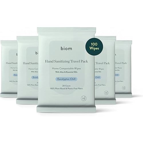 Biom Hand Sanitizing Wipes - Travel Size 5 pack(100 Wipes) 65% Ethanol Alcohol, Kills 99.9% of Germs, Removes Dirt & Grime, Made of Plant-Based & Plastic Free Fibers, Hypoallergenic - Eucalyptus Chill