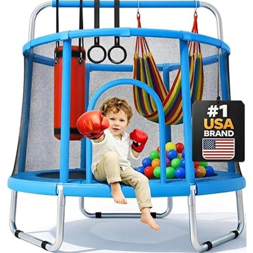Happin® 55’’ Trampoline for Kids with Safety Enclosure, Indoor & Outdoor Toddler Trampoline, Ultra Safe Design with Multi Activity Accessories, Perfect Toddler Gift for Boys & Girls Ages 1–8
