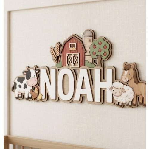 Personalized Farm Nursery Name Sign, Custom Wooden Baby Name Plate, 3D Layered Wall Decor