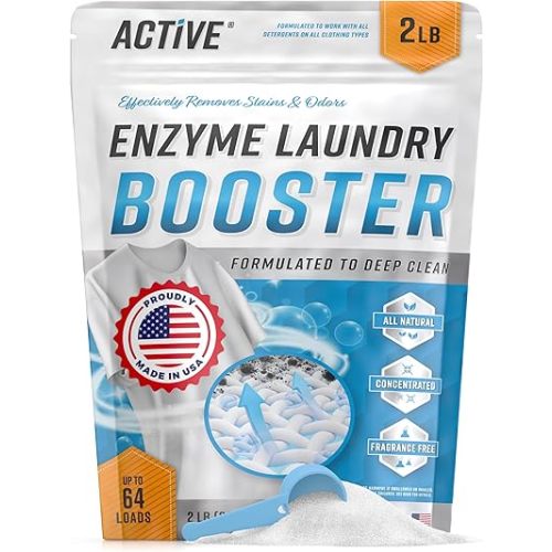 Enzyme Laundry Booster Odor Remover - 2 lbs Unscented Enzymatic Clothes Stain Cleaner Powder, Natural Deodorizer with Bio Active Enzymes, Detergent Additive Eliminator for Sweat, Oil, Blood - 64 Loads