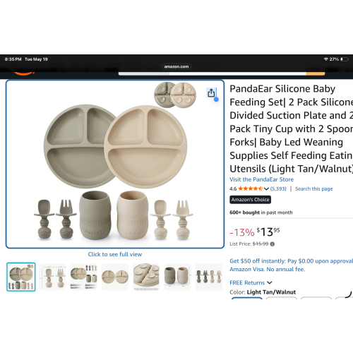 PandaEar Silicone Baby Feeding Set| 2 Pack Silicone Divided Suction Plate and 2 Pack Tiny Cup with 2 Spoons 2 Forks| Baby Led Weaning Supplies Self Feeding Eating Utensils (Light Tan/Walnut)