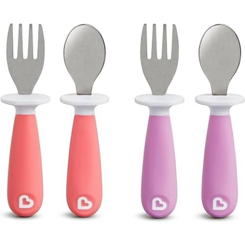 Munchkin® Raise™ Toddler Fork and Spoon Utensil Set, Rest Keeps Tip Off Table, BPA Free, 4 Pack, Pink/Purple