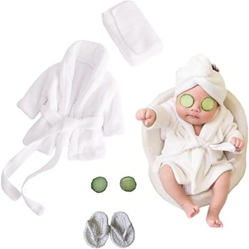 5PCS Newborn Photography Outfits, DISTART Baby Hooded Plush Towel Cotton Bathrobes Bath Outfit with Slippers Photo Props for Toddle Infant Girls and Boys Shower Shoot Gift (White), 0-6 Months