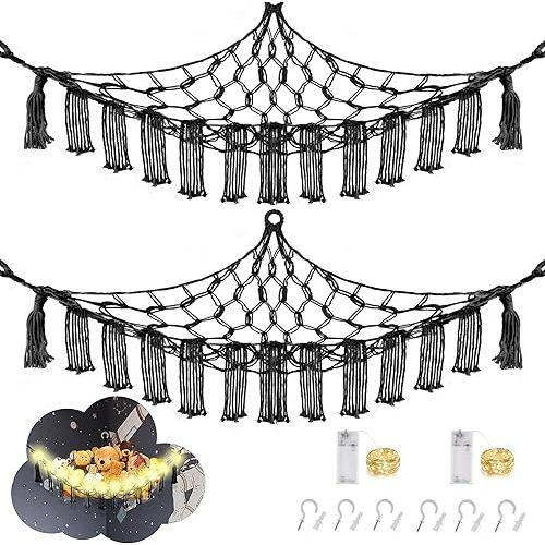 CERETIA Stuffed Animal Hammock with LED Light, Large Stuffed Animals Storage Corner Plushie Net for Kids Room Decor, 2 Packs Black