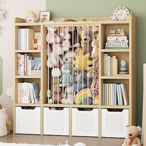 ONBRILL Toy Storage Organizer, Toddler Stuffed Animal Storage, Kids Toy Shelf with 6 Open Cubbies & 4 Movable Toy Chest, Bookshelf for Kids Room Playroom Bedroom Nursery (Maple Wood)