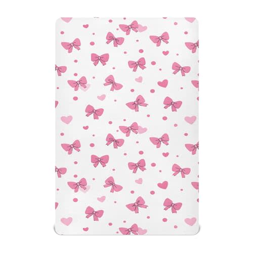 Pink Bows Hearts Pattern Crib Sheets Stretchy Portable Sheets for Baby Toddler Breathable Soft Crib Mattress Sheet for Girls Boys