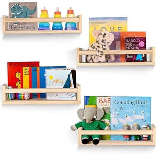 TUEGEGNS Set of 4 Rustic Pine Floating Shelves, Nursery Wall Mounted Bookshelves, Space Saving, 16.5 x 4 x 3.8 inches