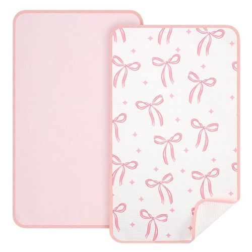 CroBlissful 2 Pack Pink Bow Waterproof Muslin Cotton Changing Pad 30"x 17", Soft & Foldable Baby Changing Mat Travel Pad Pink Bow Baby Stuff Coquette Nursery Decor