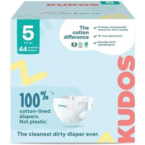 Kudos Chlorine Free Premium Diapers - Cotton-Lined - Size 5, 44 Count - 27+ lbs