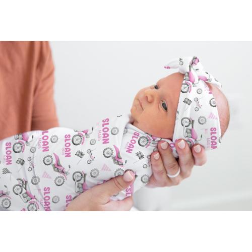Pink Dirt Bike Swaddle Set, Motorcycle Personalized Baby Blanket, Biker Baby Blanket, Personalized Baby Blanket, Baby Shower Gift, B48