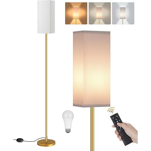 64.2” Dimmable Floor Lamp for Living Room with Remote and Foot Switch, Corner Floor Lamp for Bedroom, Includes 10W A19 Bulb, Modern Standing Tall Lamp, ETL Listed, White and Gold DCW17LD05
