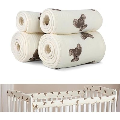 4pc Teething Coverage Strapss Edge Fits Standard Rails Protection for Top Rail,Double Thickness Crib Rail Teething Guard (2Long 2 Short) (Bear)