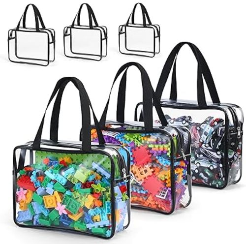 6 Packs Large Toy Storage Bags,Clear Waterproof PVC Toy Storage Organizer with Zipper,Reusable Travel kids Organizer Bags for Board Game,Building Blocks and Puzzles,Black