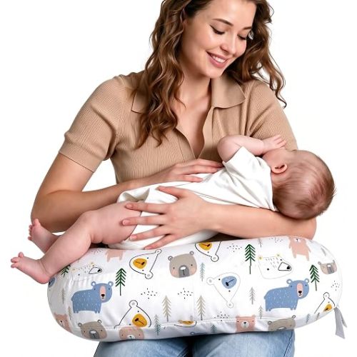Little Grape Land Nursing Pillow for Infants, Extra Firm Breastfeeding Pillows, Baby Pillow for Nursing, Bottle Feeding with Machine Washable Cover & Breathable Filling (Bear)