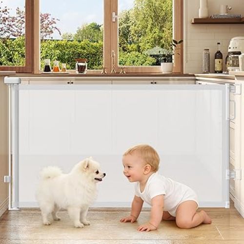 Retractable Baby Gates for Doorways, 58" Extra Wide Mesh Child Dog Gate for Stairs, 34" Tall Toddler Pet Gate Indoor and Outdoor, Easy Install, Essential for Home Safety, White