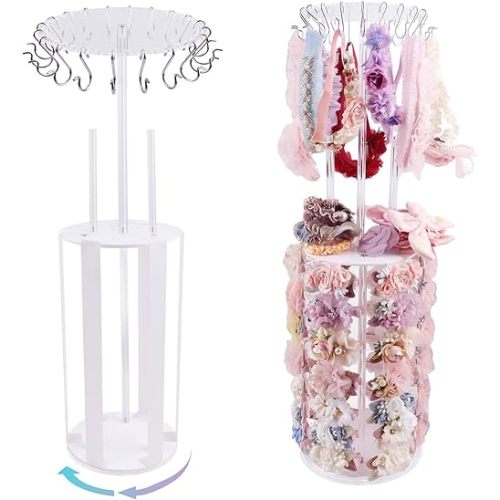 cherrboll Rotating Hair Bows Holder Stand, Headbands Organizer with Hooks, Scrunchies Claw Clips Rack Display, Hair Accessories Storage Nursery Room Decor for Baby Toddler Girls